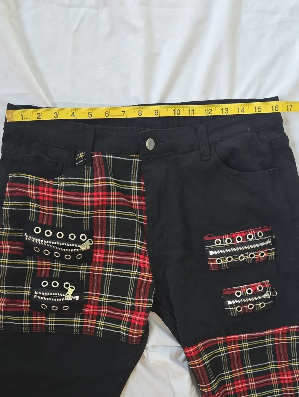 Men's Black Punk Rock Style Jeans With Zippers & Red Squared Patterns In Areas - Picture 3 of 9